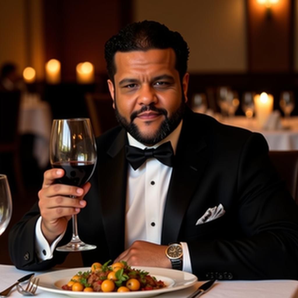 Brandon in a tuxedo raising a glass