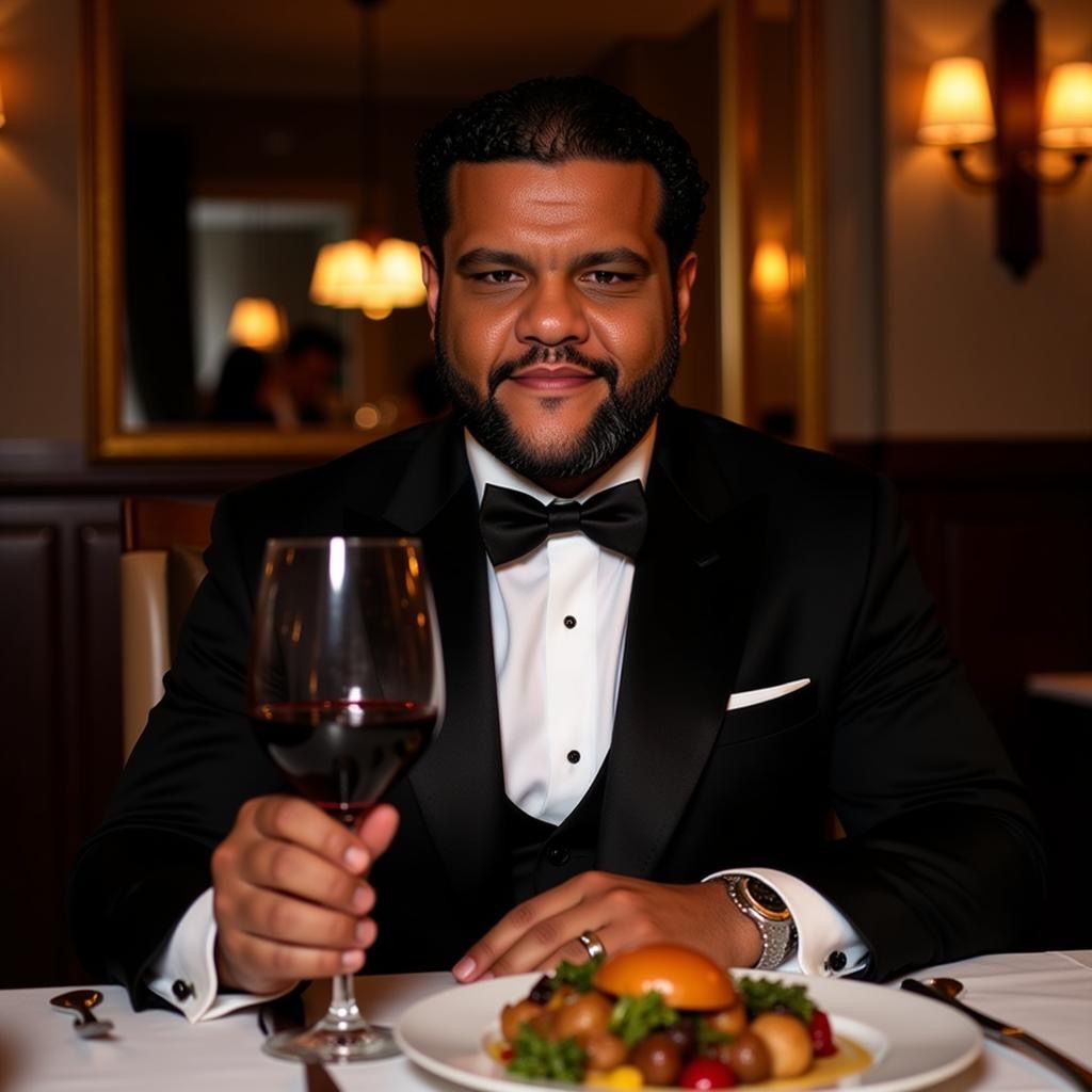 Brandon in a tuxedo at dinner